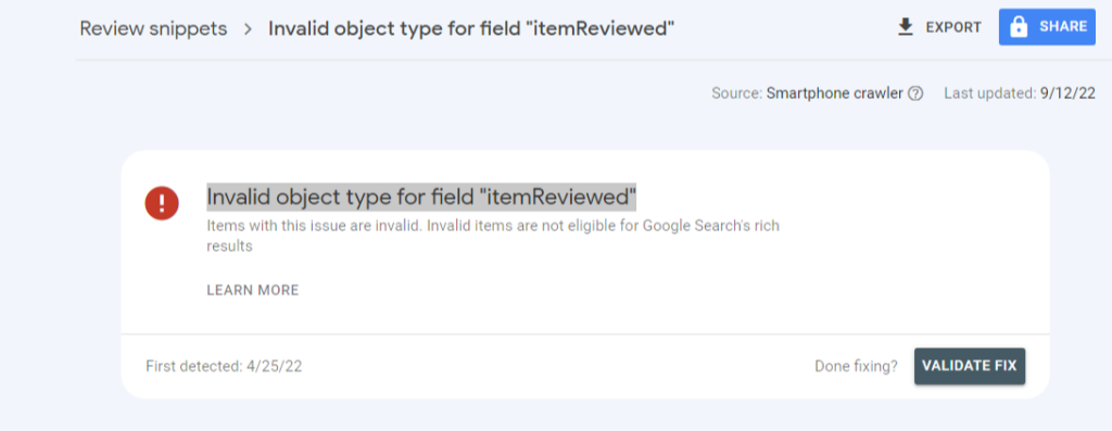 Invalid object type for field 'itemReviewed' Missing reviewed item name error