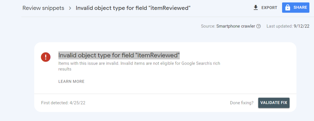How to fix the schema markup error "Invalid object type for field ...